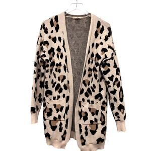 ENTRO‎ Leopard Print Open Front Long Cardigan Neutral Knit Pockets Size M Anthro